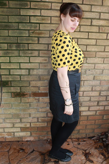 Black and yellow outfit: thrifted blouse, The Limited A-line skirt, wool tights, Modcloth quilted flats, snake bracelet, vintage Moschino belt