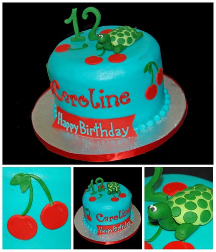 Cherry themed 12th birthday topped with a fondant turtle
