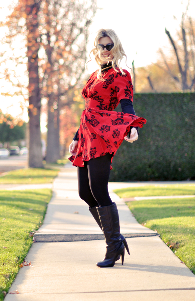 red dress  over  turtleneck  and  tights-cat eye sunglasses-boots
