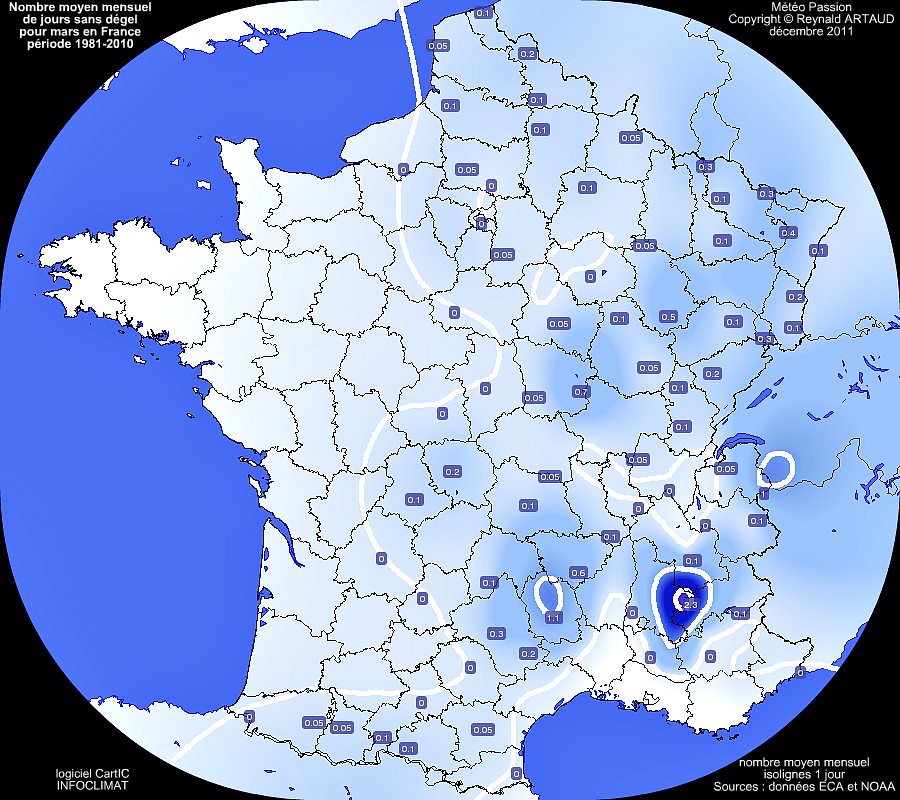 nombre moyen mensuel de jours sans dégel ou avec gel permanent au mois de mars en France pour la période 1981-2010