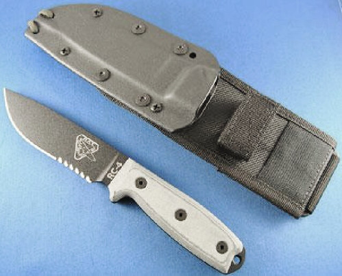 ESEE Knives ESEE-4 Knife 4.5" Black Combo Blade, Grey Micarta Handles, Black Sheath, MOLLE Locks, MOLLE Back