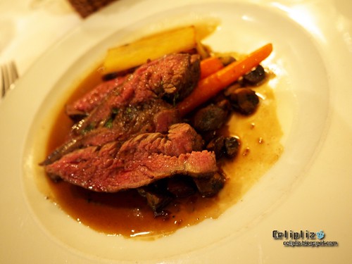 Grilled Flank Steak Bordelaise, Potato Gratin, Mushrooms and Carrots, Shallots and Red Wine Sauce