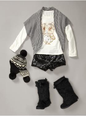 Clothing ensemble from the Gap including a pair of sequined shorts for young girls