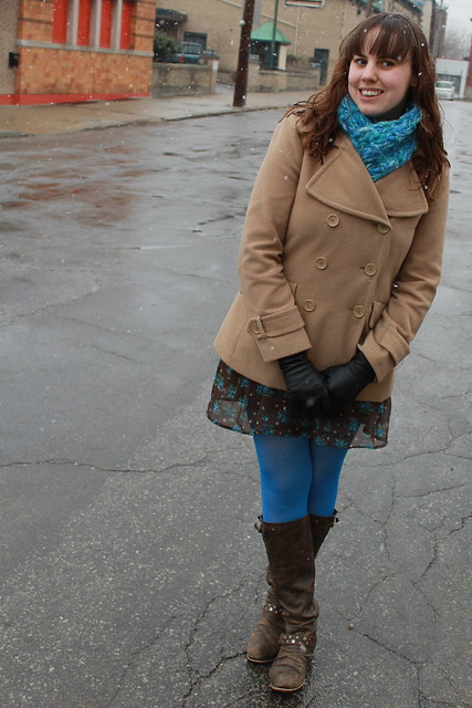 Brown and blue outfit: hand-knit scarf by me, floral dress, blue tights, brown leather boots, camel pea coat