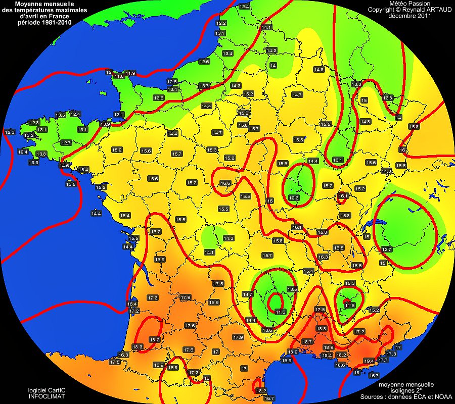 Moyennes mensuelles des températures maximales pour le mois d'avril en France sur la période 1981-2010