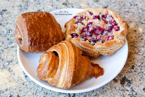 Plate of Chocolate croissant, Ham & cheese croissant, Cranberry Galette with Brown Butter Custard