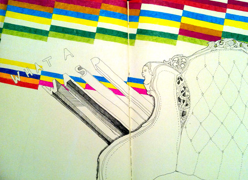 an illustration of an antique armchair, in black pen, with colorful, geometric shapes above it. Block letters saying WHAT A WASP emerge from the chair