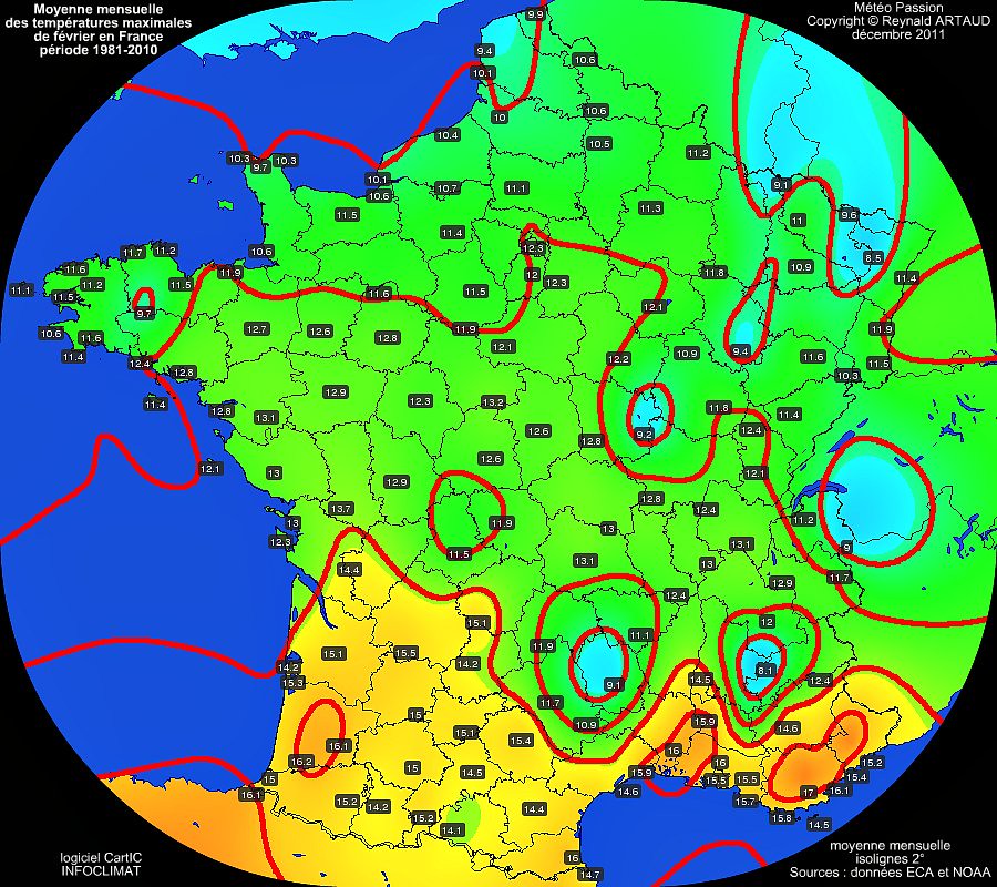 Moyennes mensuelles des températures maximales pour le mois de mars en France sur la période 1981-2010