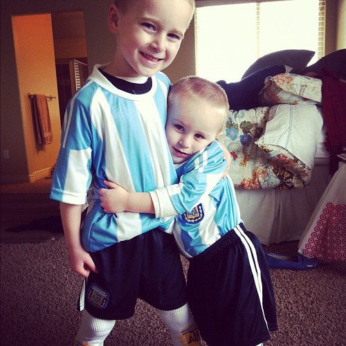 Dad brought them soccer uni's from argentina. I guess they are ready to play futbol