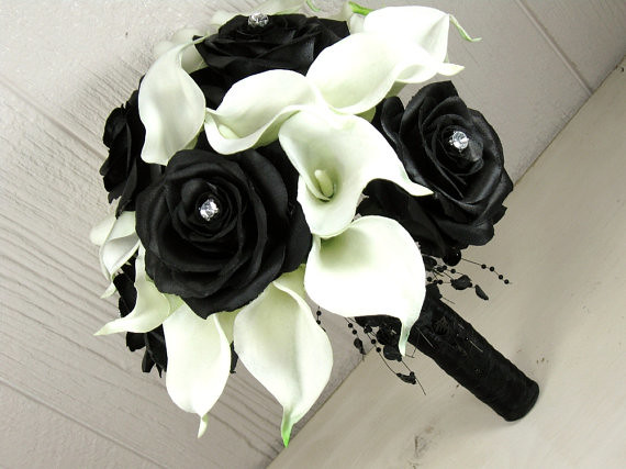 Modern Black Rose and White Calla Wedding Bouquet