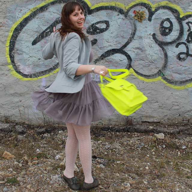 Neon and neutral outfit: Anthropologie dress, heather gray blazer, neon yellow bag and belt