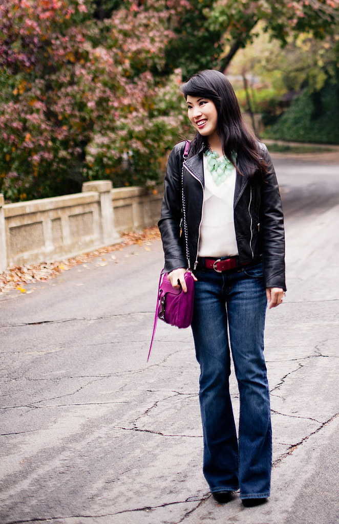 express minus the leather moto jacket, banana republic cream chiffon blouse, the limited mint necklace, victoria's secret hipster london jeans, jessica simpson livia booties, rebecca minkoff magenta mac clutch, express pink belt