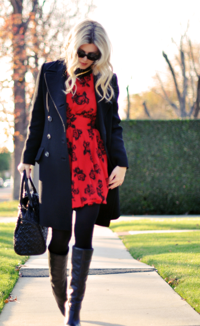 red dress-coat - tights - boots