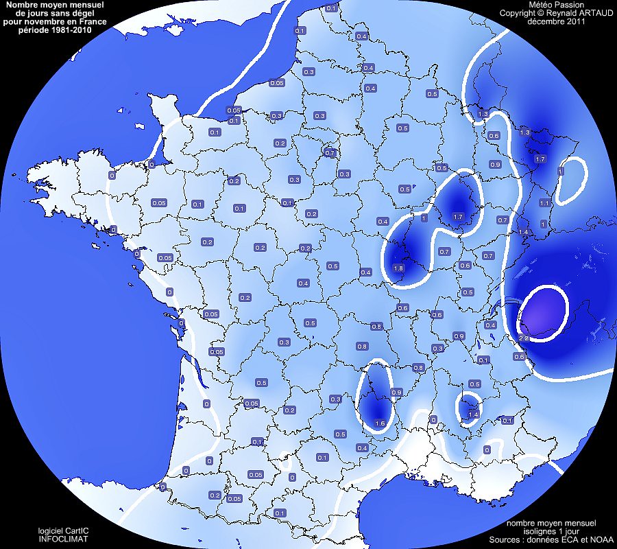 nombre moyen mensuel de jours sans dégel ou avec gel permanent au mois de novembre en France pour la période 1981-2010