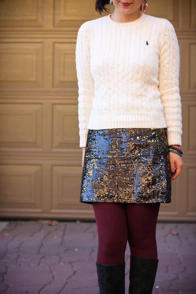 cable knit, sequin skirt