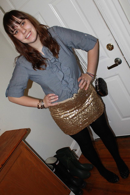 New Year's Eve outfit: gold sequin skirt, chambray shirt, wool tights, leopard brocade coat