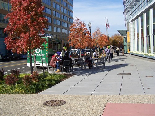 Tables and chairs installed in the streetscape, 4th Street Southwest