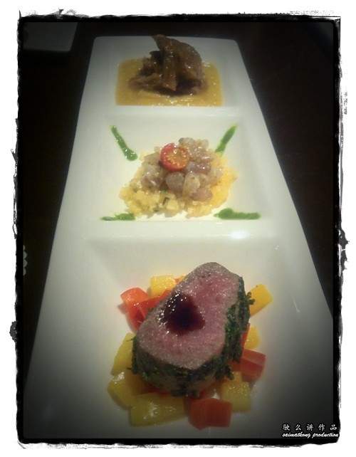 Smoked lamb loin in parsley crust on braised capsicum, yellow tail king fish seasoned with Tiger Crystal, Italian veal cheek braised with Tiger Crystal on sweet potato puree