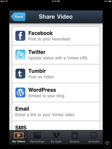 Sharing options in the Vimeo iPhone app