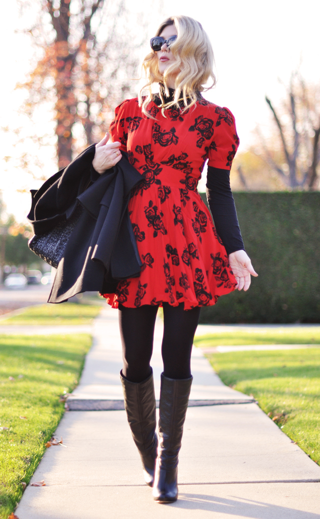 red dress- rose print- black boots -turtleneck