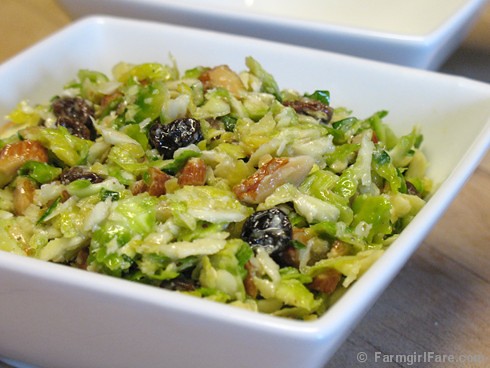 Raw Brussels Sprouts Salad with Pecorino Romano, Chives, and a Lemony Caper Dressing 3 - FarmgirlFare.com