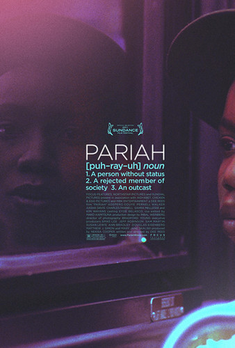 The purple-tinged movie poster of Pariah, featuring Alike sitting in a bus seat looking at her reflection in the mirror.