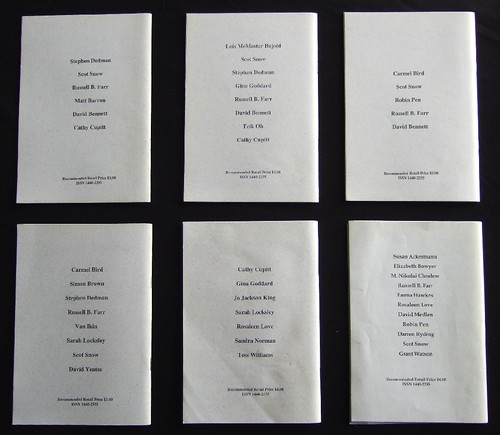 Three by two layout of the back covers, showing the contributors (see text below)
