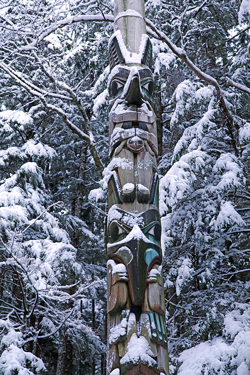 snowy totem, Totems Historic District, Kasaan, Alaska