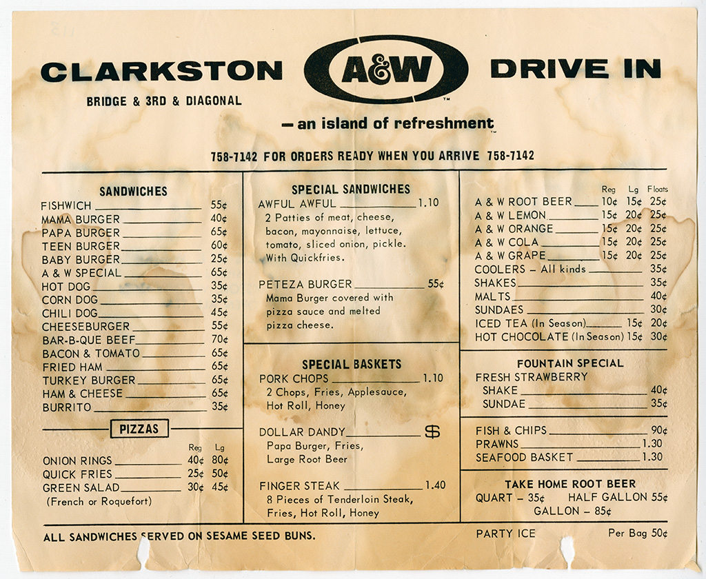 Clarkston A&W drive-in menu, Clarkston, WA (circa 1960) | Flickr - Photo Sharing!