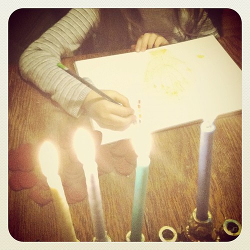 Menorah still life with new Chanukah water color pencils.