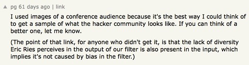 the lack of diversity Eric Ries perceives in the output of our filter is also present in the input, which implies it's not caused by bias in the filter.