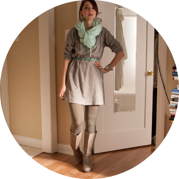 dashdotdotty, outfit blog, ootd, business casual, creative young professional, remixing, j.crew, gray, turquoise, how to wear, boots with a dress, olive tights