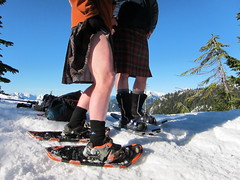 Dudes in kilts and snowshoes at the Club Fat Ass Snowshoe for the Haggis event