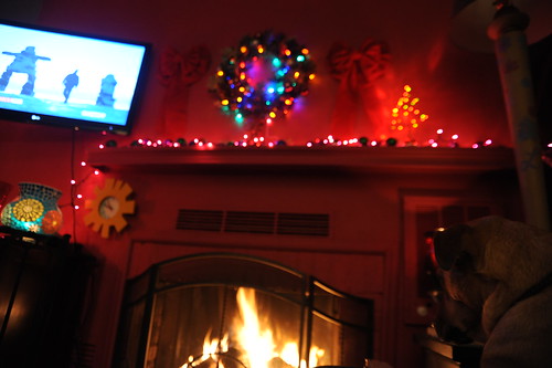 Inukshuks and man running on TV, Christmas fireplace, Rosie, Seattle, Washington, USA by Wonderlane