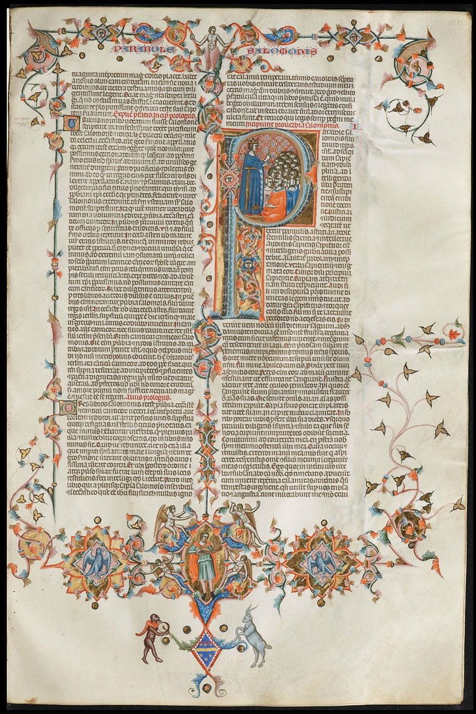 Anjou Bible folio with extra-textual decoration