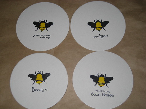 handstamped bee coasters