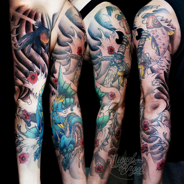 Custom oriental sleeve cover up tattoo Miguel Angel Custom Tattoo Artist