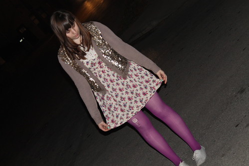 Fish scales outfit: Anthropologie cardigan, ruche floral dress with lace yoke, magenta tights, striped canvass lace-ups
