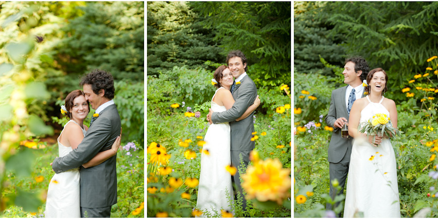 Bride and Groom in yellow wildflowers at Mt. Hood Organic Farms