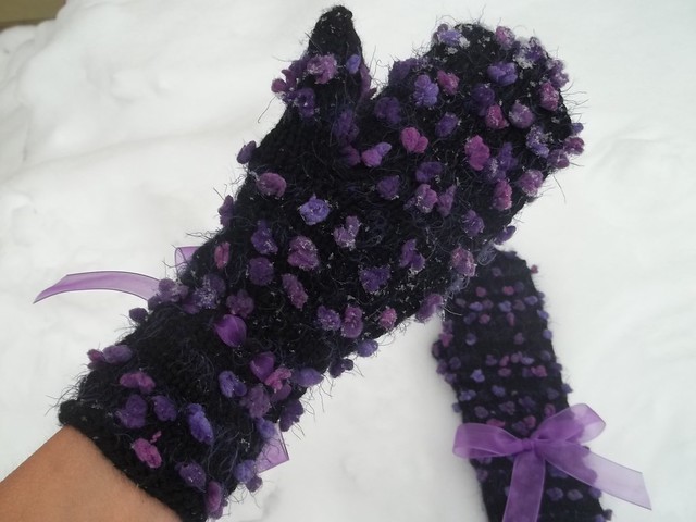 hand knit black mittens with lilac ribbon bow