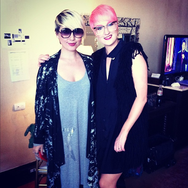 With Aussie Senior MAC makeup artist Nicole. Hair clash!! Blonde versus bubble gum pink!