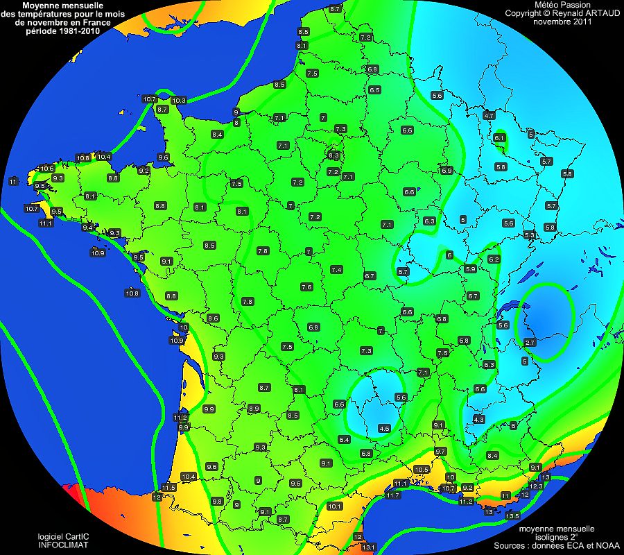 Moyennes mensuelles des températures pour le mois de novembre en France sur la période 1981-2010