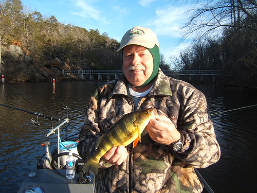 Kenny with a nice yellow perch. Holliday Lake Dam looking great in the background