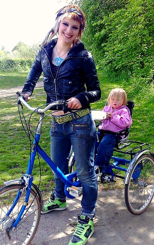 Jessika with her friend's daughter, on Pashley Picador.