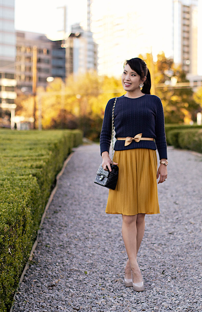 gap navy cable sweater, forever 21 lace mustard pleats skirt dress, michael kors rose gold small runway watch mk5430, chanel black quilted m/l flap purse, sole society marco santi dash nude pumps, forever 21 flower earrings