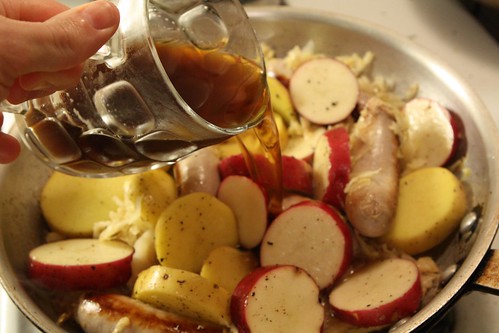 Bangers, Potatoes, and Sauerkraut Cooked in Oktoberfest Märzen