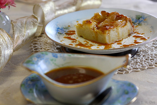 bread pudding with gingered pears and caramel sauce