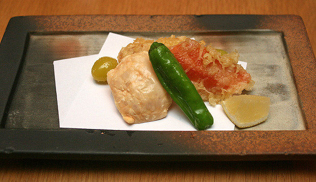 Deep-fried Item: Semi-dried Puffer Fish Tempura (background), Crispy Cheese (foreground left) and Karasumi or Dried Mullet Roe (foreground, right)