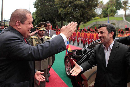 Presidents Hugo Chavez and Mahmoud Ahmadinejad during the Iranian president's visit to Venezuela. The two nations are strengthening relations. by Pan-African News Wire File Photos