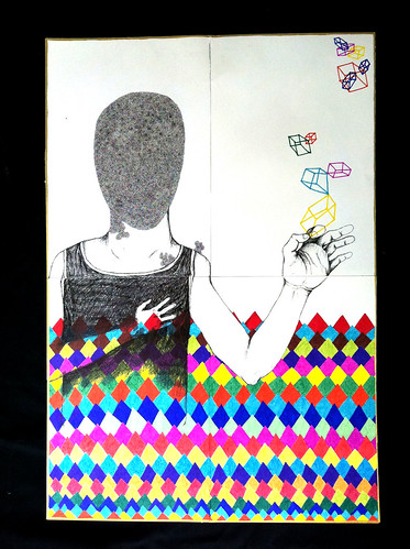 An illustration of a figure in a tank-top drawn in black and white emerging out of a colorful, diamond and geometric design. They hold up their hand to touch colorful, cubic shapes